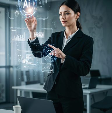 businesswoman-interacting-with-ai-hologram-office